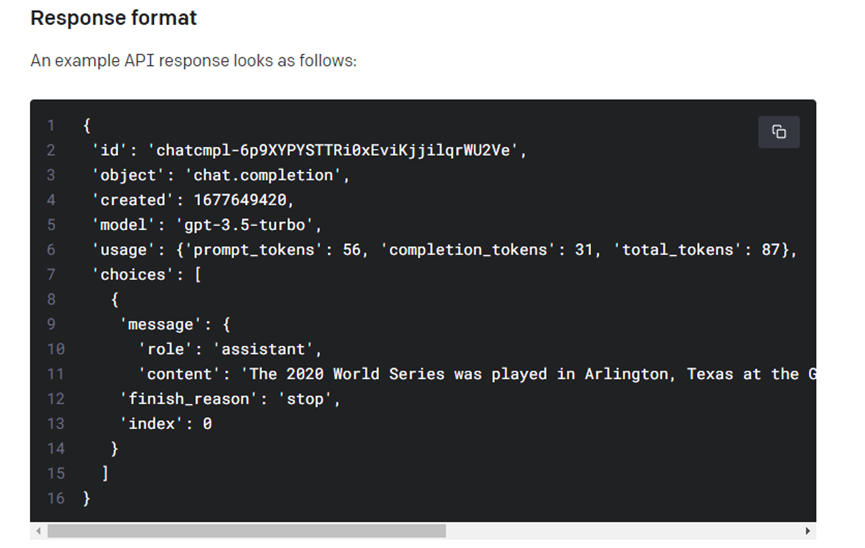 ChatGPT API response example